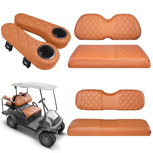 NOKINS Golf Cart Seat Covers for Club Car Precedent, Vinyl Front&Rear Seat Cover with Flip-Up Armrests kit, with Cup Holder, for 1" Square Tube (All Brown) - Image 1