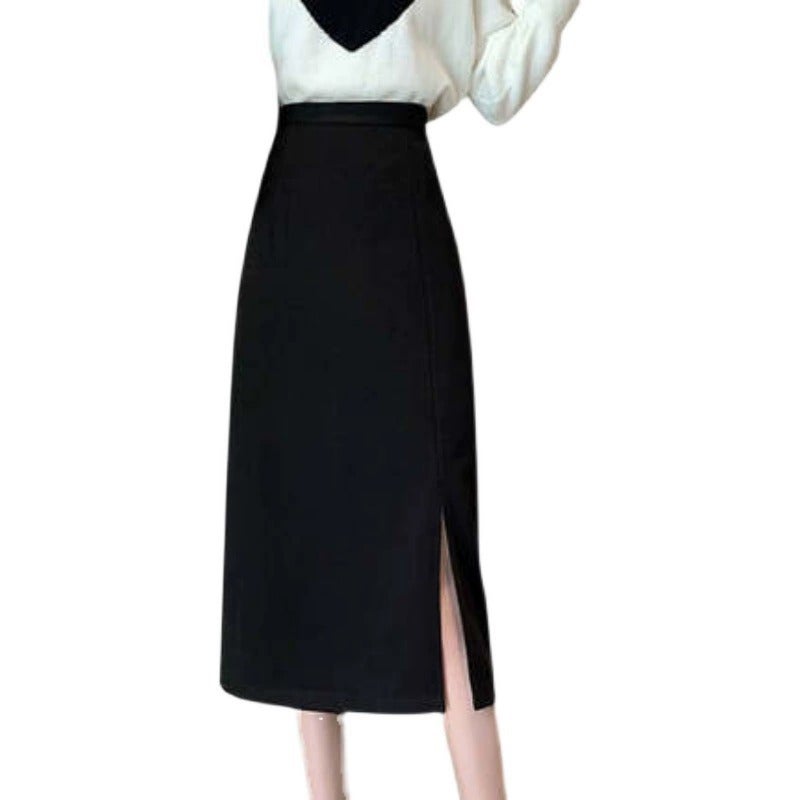 Black Split High Waist Sheath Skirt Mid-Length Skirt Women'S A- Line One-Step Skirt Straight - Image 2