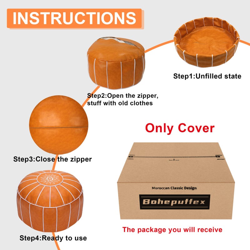 Bohepuffex Moroccan Handmade Round Pouf Footstool Footrest Faux Leather A Classic and Large Storage Ottoman an Exotic Décor for Living Space Only Cover Included -Unstuffed-Embroidered Orange - Image 3