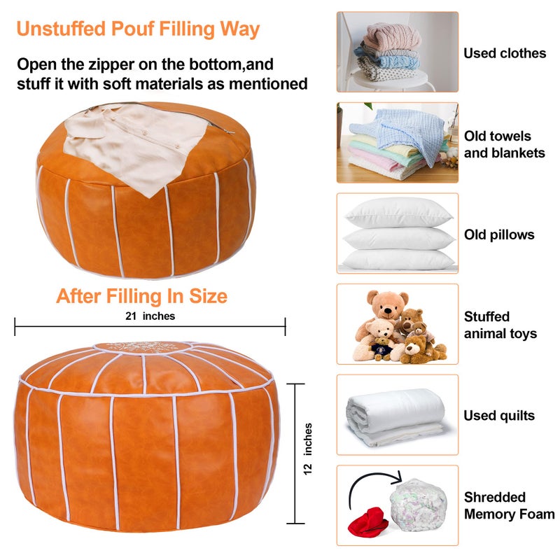 Bohepuffex Moroccan Handmade Round Pouf Footstool Footrest Faux Leather A Classic and Large Storage Ottoman an Exotic Décor for Living Space Only Cover Included -Unstuffed-Embroidered Orange - Image 4