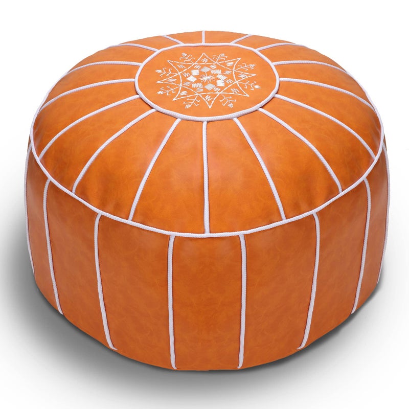 Bohepuffex Moroccan Handmade Round Pouf Footstool Footrest Faux Leather A Classic and Large Storage Ottoman an Exotic Décor for Living Space Only Cover Included -Unstuffed-Embroidered Orange - Image 1