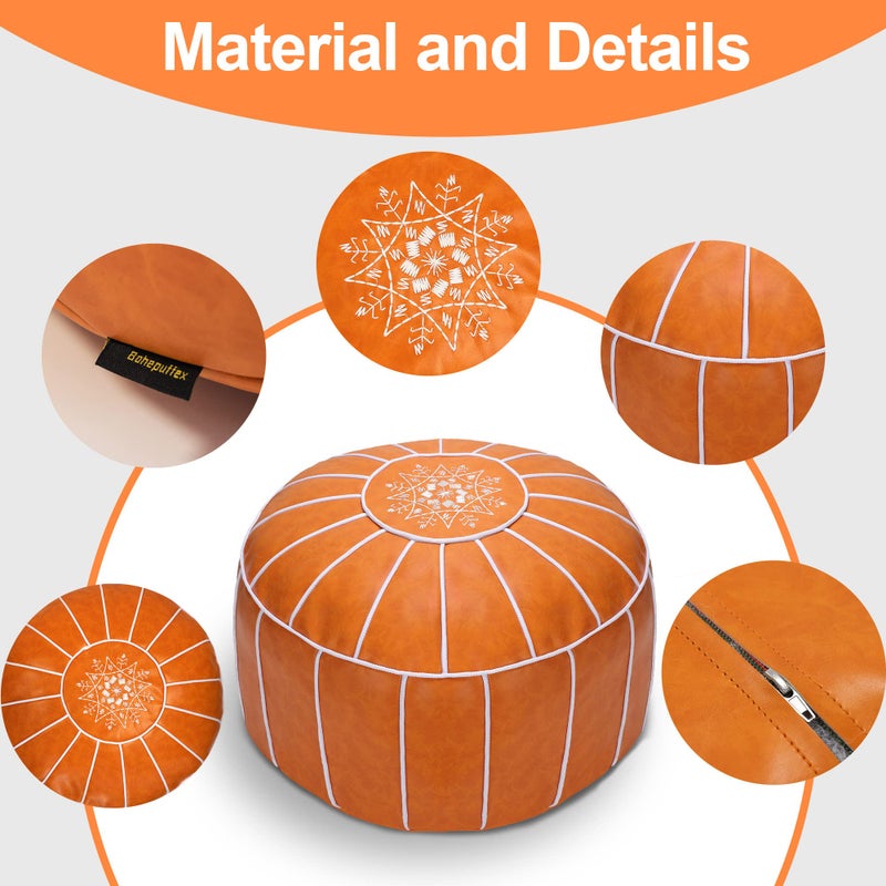 Bohepuffex Moroccan Handmade Round Pouf Footstool Footrest Faux Leather A Classic and Large Storage Ottoman an Exotic Décor for Living Space Only Cover Included -Unstuffed-Embroidered Orange - Image 2