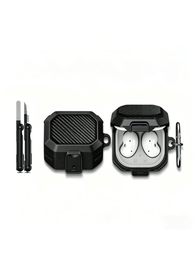 SANMUDII Samsung Galaxy Buds4/Buds4 Pro Security Lock Earbud Case, Earbud Protective Case with Front-Facing Button, Carbon Fiber Texture, Includes Cleaning Kit and Carabiner, Shock-Resistant Earbud Case (Black) - Image 1