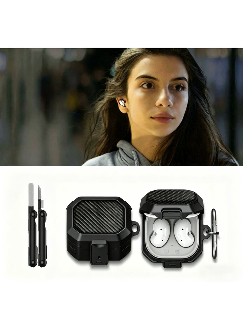 SANMUDII Samsung Galaxy Buds4/Buds4 Pro Security Lock Earbud Case, Earbud Protective Case with Front-Facing Button, Carbon Fiber Texture, Includes Cleaning Kit and Carabiner, Shock-Resistant Earbud Case (Black) - Image 5