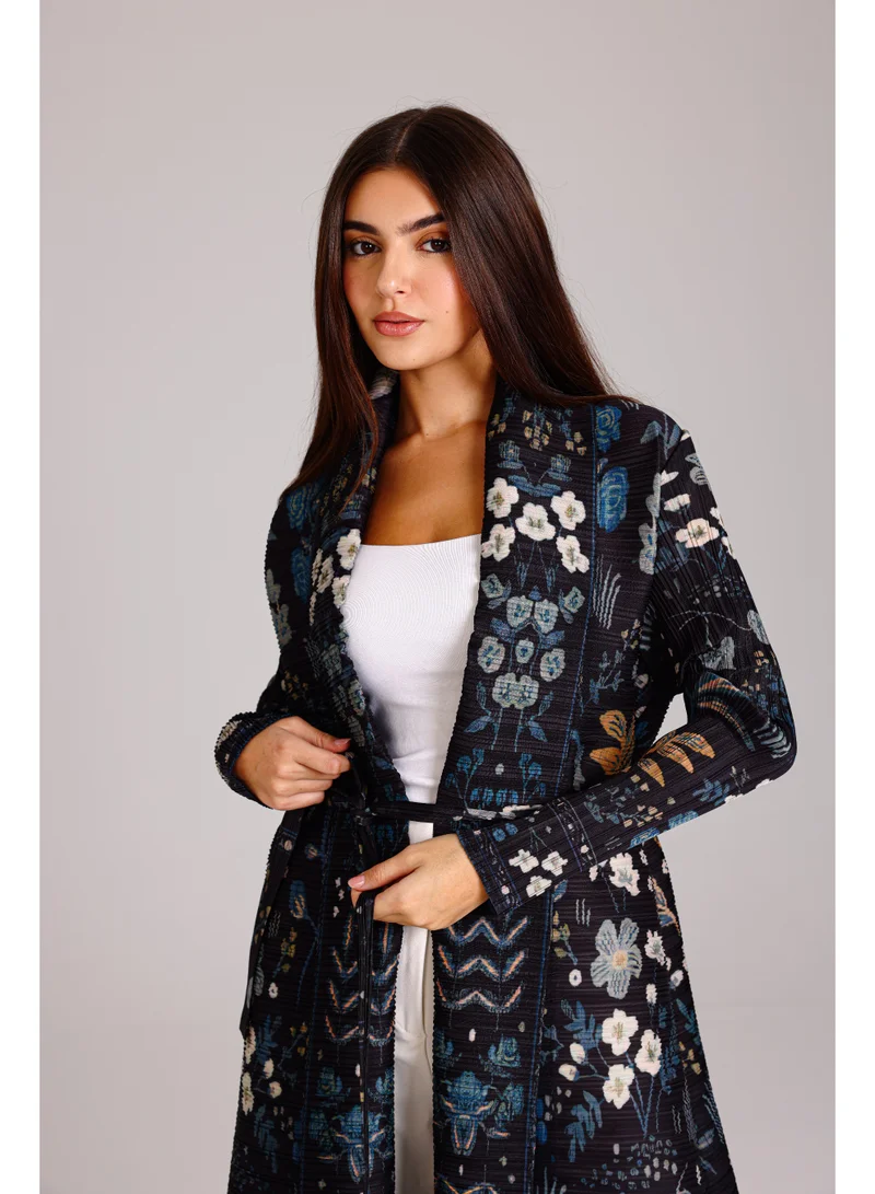 IKKXA Dark Floral Printed Open Belted Freesize Abaya ABY1193 Multicolor