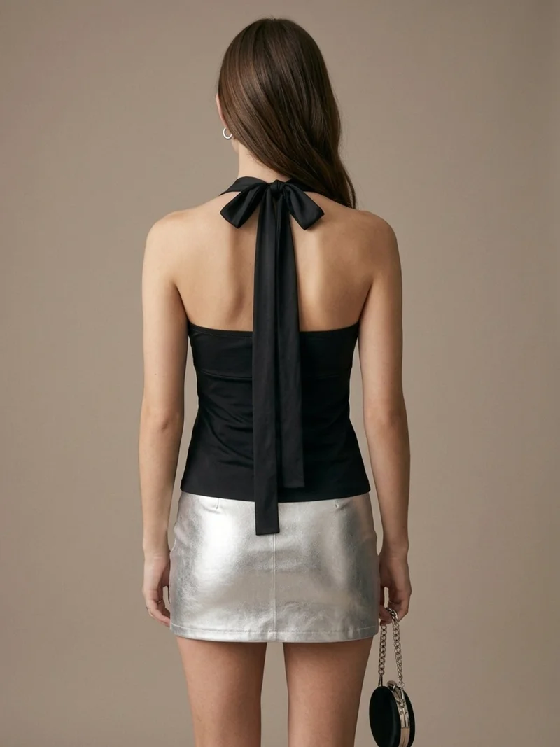 Outzidr  Black Halter Tank With Net Embellishments for Women | Best Price UAE