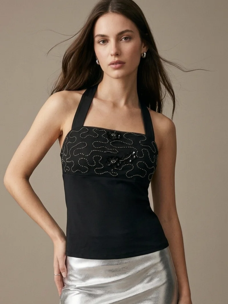 Outzidr  Black Halter Tank With Net Embellishments for Women | Best Price UAE