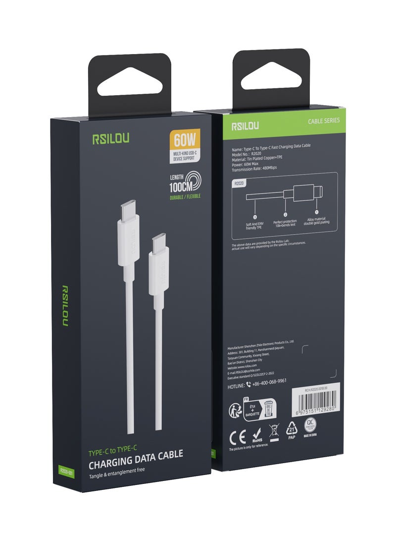 ارسيلو R2020-001 كابل تايب سي إلى تايب سي، 60 وات، متين ومرن، كابل شحن وبيانات سريع، 1 متر، معدل سرعة نقل الأسلاك النحاسية 480 ميجابايت في الثانية، خالٍ من التشابك ، أبيض - Image 2