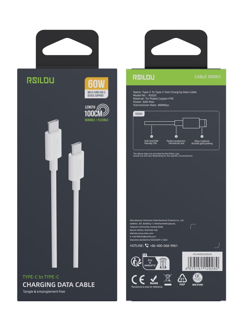 ارسيلو R2020-001 كابل تايب سي إلى تايب سي، 60 وات، متين ومرن، كابل شحن وبيانات سريع، 1 متر، معدل سرعة نقل الأسلاك النحاسية 480 ميجابايت في الثانية، خالٍ من التشابك ، أبيض - Image 3