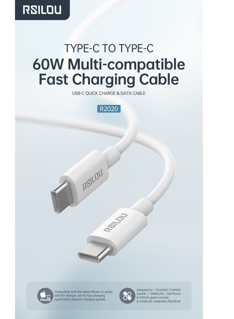 ارسيلو R2020-001 كابل تايب سي إلى تايب سي، 60 وات، متين ومرن، كابل شحن وبيانات سريع، 1 متر، معدل سرعة نقل الأسلاك النحاسية 480 ميجابايت في الثانية، خالٍ من التشابك ، أبيض - Image 5