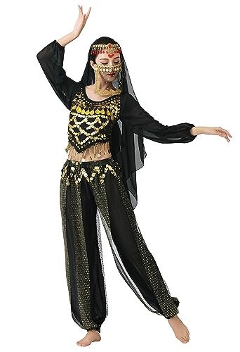 Lauthen.S LauthenS Women Belly Dance Outfit Coins Top Pants Face Veil Set Halloween Costume Black One Size - Image 3