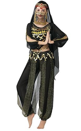 Lauthen.S LauthenS Women Belly Dance Outfit Coins Top Pants Face Veil Set Halloween Costume Black One Size - Image 1