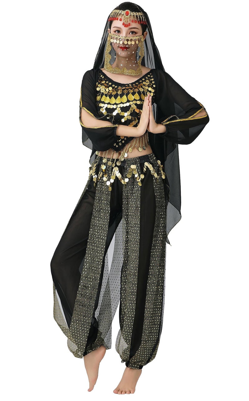 Lauthen.S LauthenS Women Belly Dance Outfit Coins Top Pants Face Veil Set Halloween Costume Black One Size - Image 2