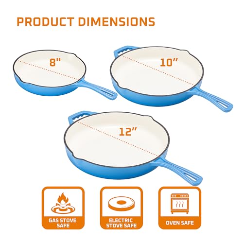 Bruntmor Enameled Cast Iron Frying Pan Set - 8" 10" 12" Blue Enamel Nonstick Skillets with Tempered Glass Lid - Oven Safe Egg and Grill Pan Set for Cooking, Searing, and Frying - Image 3