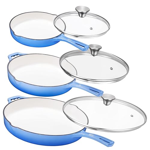 Bruntmor Enameled Cast Iron Frying Pan Set - 8" 10" 12" Blue Enamel Nonstick Skillets with Tempered Glass Lid - Oven Safe Egg and Grill Pan Set for Cooking, Searing, and Frying - Image 1