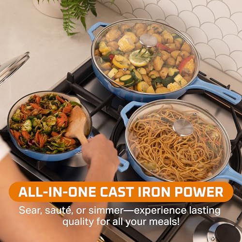 Bruntmor Enameled Cast Iron Frying Pan Set - 8" 10" 12" Blue Enamel Nonstick Skillets with Tempered Glass Lid - Oven Safe Egg and Grill Pan Set for Cooking, Searing, and Frying - Image 4