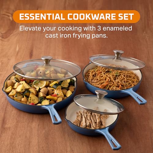 Bruntmor Enameled Cast Iron Frying Pan Set - 8" 10" 12" Blue Enamel Nonstick Skillets with Tempered Glass Lid - Oven Safe Egg and Grill Pan Set for Cooking, Searing, and Frying - Image 2