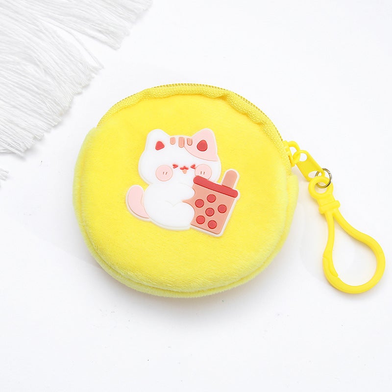 New Cute Cartoon Plush Coin Purse Kids Mini Earphone Pouch Milk tea kitten 