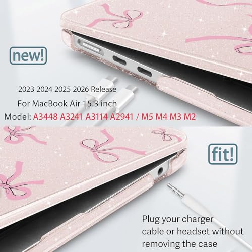 May Chen for 2026 MacBook Air 15 inch Case A3448 M5 A3241 M4 A3114 M3 A2941 M2 2025 2024 2022, Plastic Hard Shell for MacBook Air 15.3" with Retina Dispaly Fits Touch ID, Sakura Pink Glitter Bow - Image 3