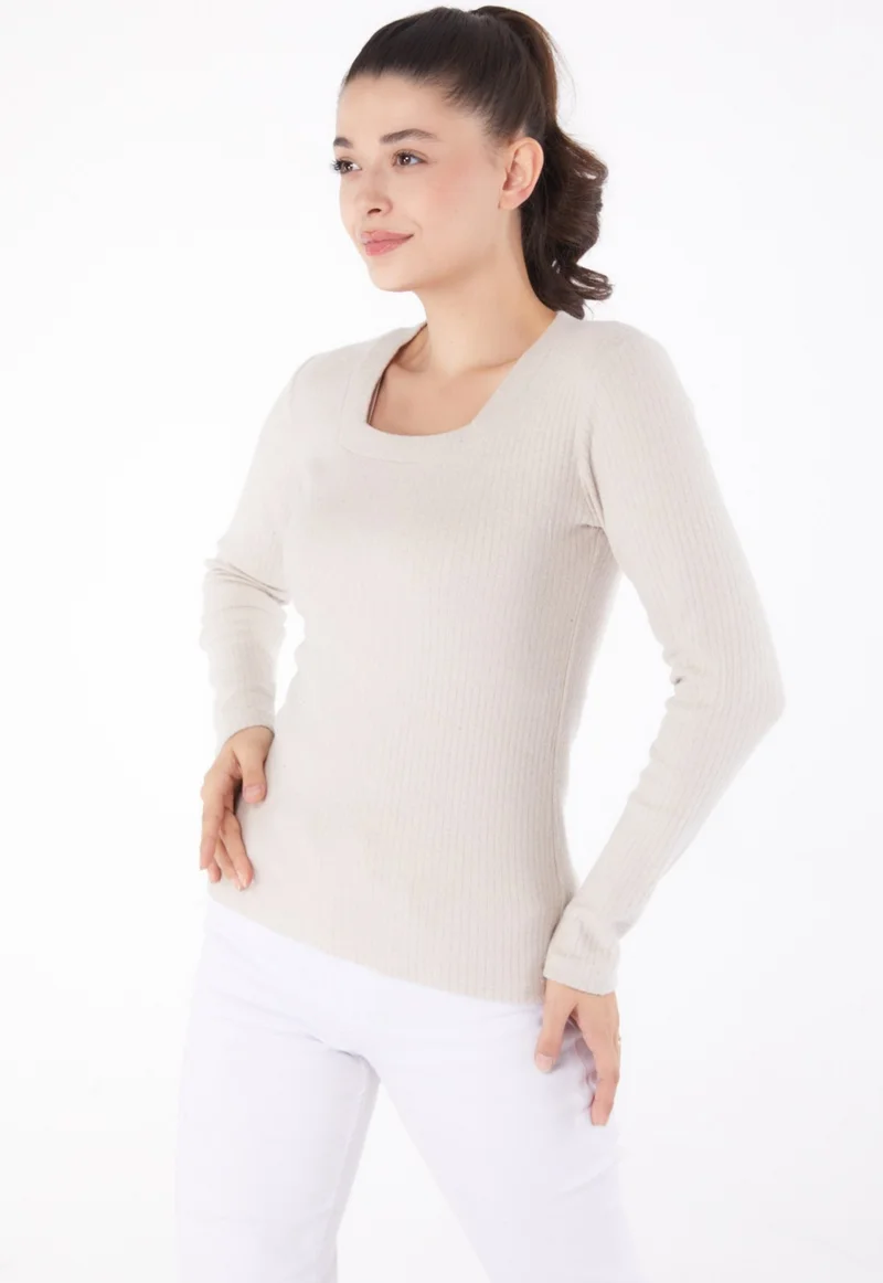 Tofisa Plain V Neck Women's Beige Square Neck Bodysuit - 26214
