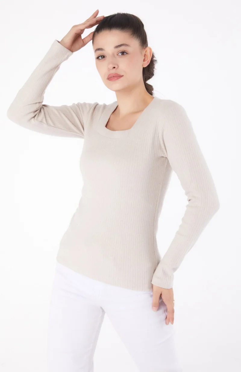 Tofisa Plain V Neck Women's Beige Square Neck Bodysuit - 26214