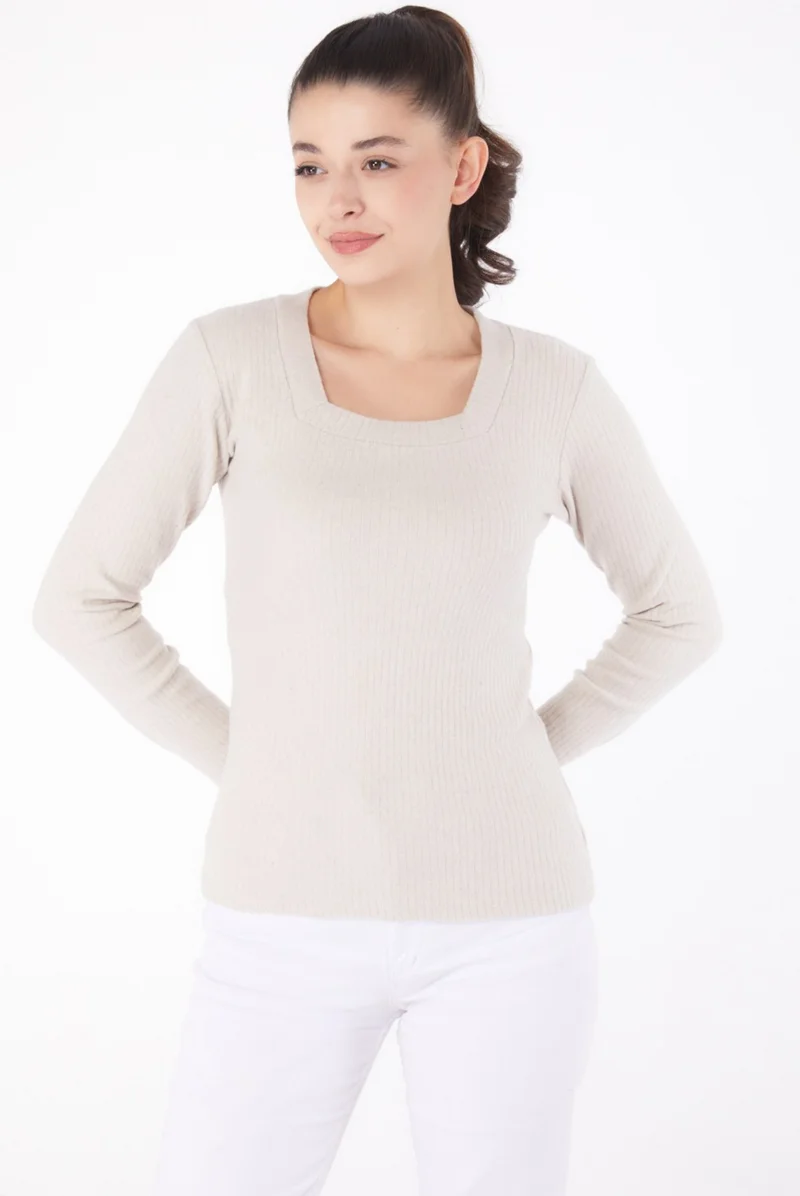 Tofisa Plain V Neck Women's Beige Square Neck Bodysuit - 26214