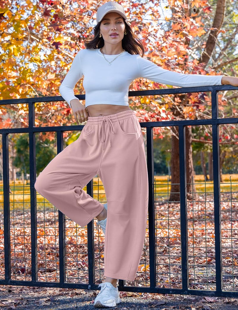 TARSE Women's Barrel Leg Sweatpant Drawstring Elastic Waisted Wide Leg Pants Casual Cotton Palazzo Trousers with Pockets, GrayPink M - Image 5