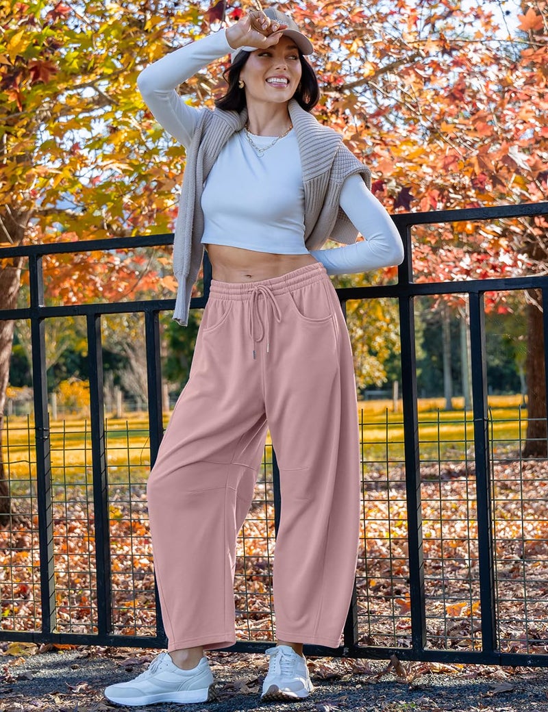 TARSE Women's Barrel Leg Sweatpant Drawstring Elastic Waisted Wide Leg Pants Casual Cotton Palazzo Trousers with Pockets, GrayPink M - Image 2
