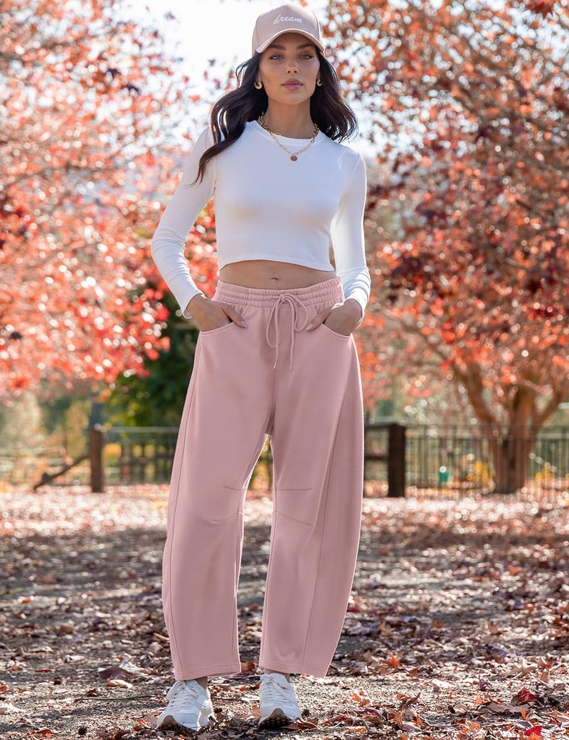 TARSE Women's Barrel Leg Sweatpant Drawstring Elastic Waisted Wide Leg Pants Casual Cotton Palazzo Trousers with Pockets, GrayPink M - Image 3