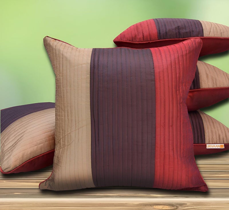 Urvaan Striped Quilted Silk Cushion Covers, 16x16 Inch, Maroon Brown, Set of 5 - Image 1
