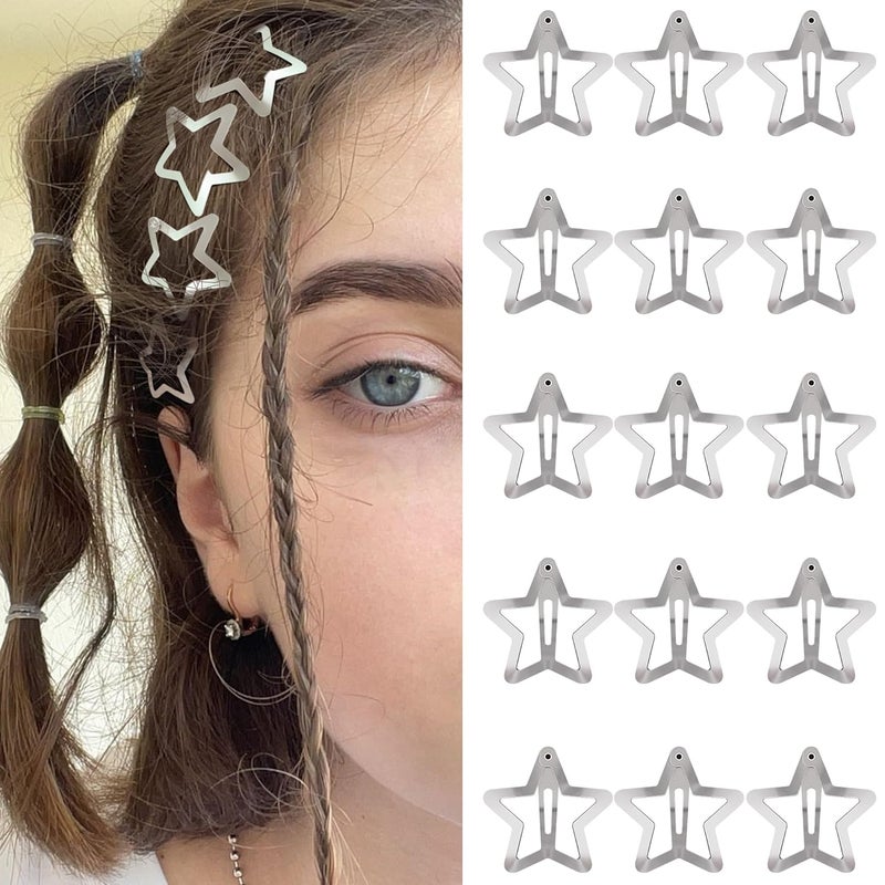 SAOROPEB Star Hair Clips 2000s Y2K Snap Hair Barrettes Non Slip Star Hair Accessories Silver Metal Hair Clips for Girls Women 15 PCS 118