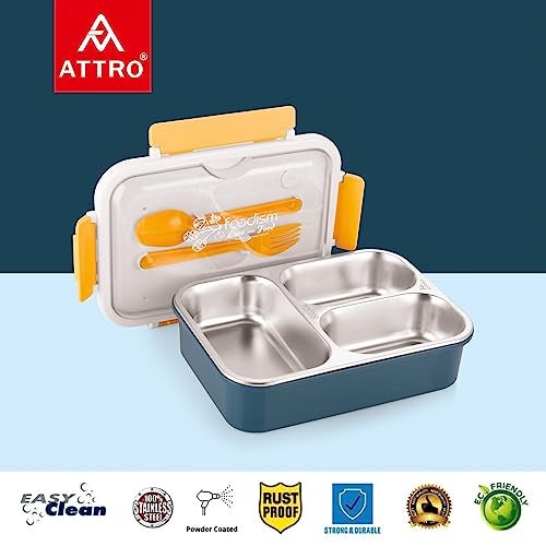 Attro Food Eat 3 Compartment Stainless Steel Lunch Box with Plastic Cutlery Inside, Heating & Water Insulation Design Use for Office, School & Travelling, 750 Ml - Dark Blue - Image 2