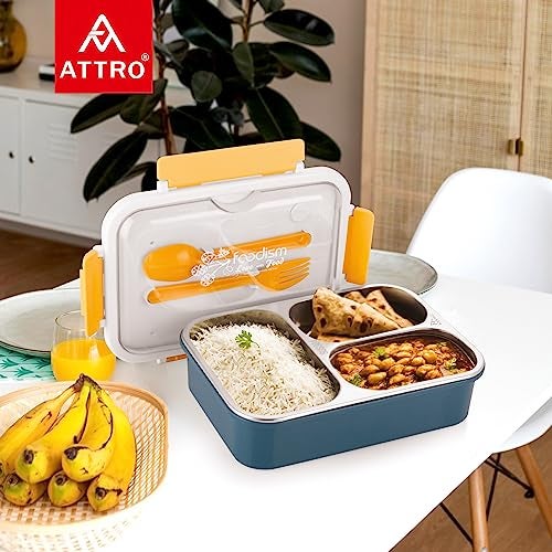 Attro Food Eat 3 Compartment Stainless Steel Lunch Box with Plastic Cutlery Inside, Heating & Water Insulation Design Use for Office, School & Travelling, 750 Ml - Dark Blue - Image 3