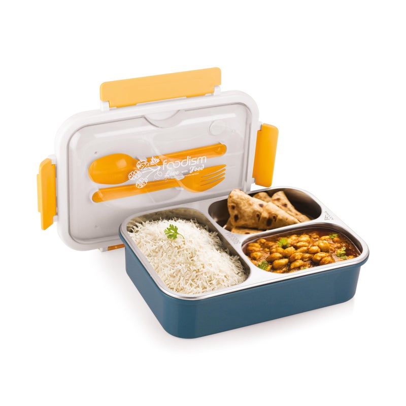 Attro Food Eat 3 Compartment Stainless Steel Lunch Box with Plastic Cutlery Inside, Heating & Water Insulation Design Use for Office, School & Travelling, 750 Ml - Dark Blue - Image 5