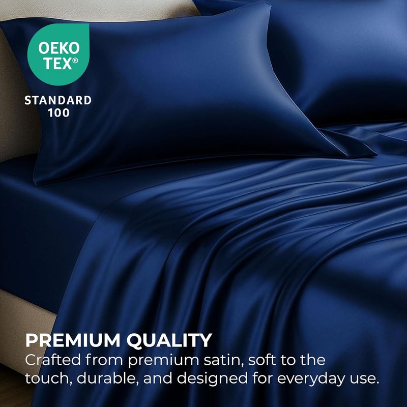 Pure Bedding Satin Sheets Full [4-Piece, Navy] Hotel Luxury Silky Bed Sheets - Extra Soft 1800 Microfiber Sheet Set, Wrinkle, Fade, Stain Resistant - Deep Pocket Fitted Sheet, Flat Sheet, Pillow Cases - Image 5