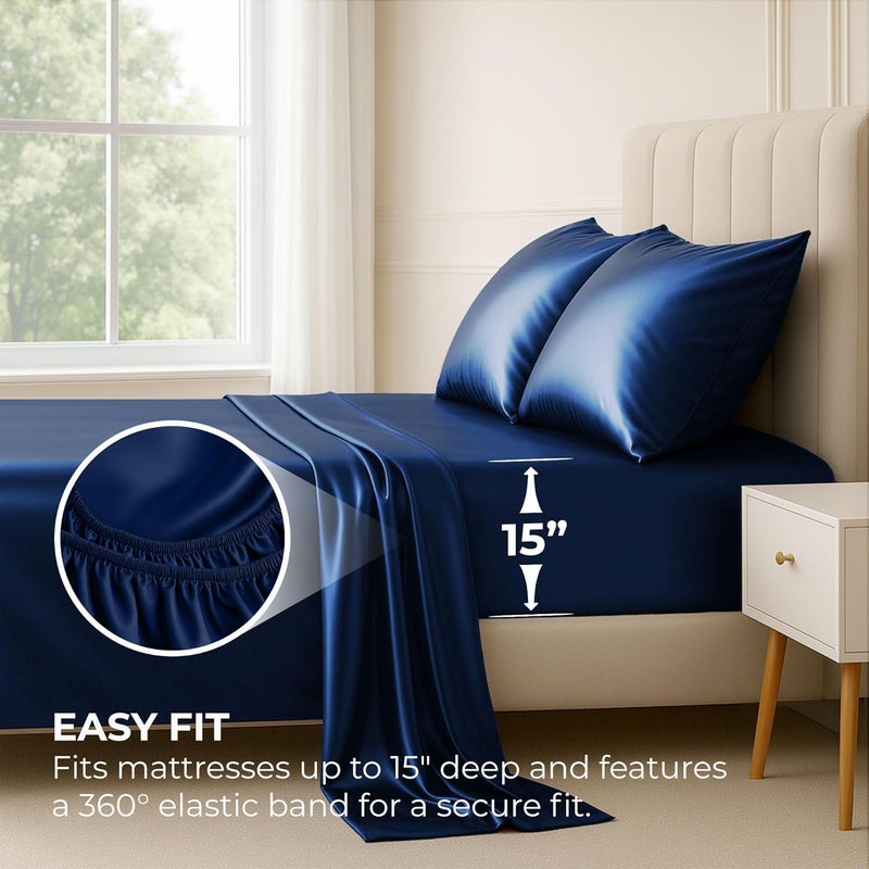 Pure Bedding Satin Sheets Full [4-Piece, Navy] Hotel Luxury Silky Bed Sheets - Extra Soft 1800 Microfiber Sheet Set, Wrinkle, Fade, Stain Resistant - Deep Pocket Fitted Sheet, Flat Sheet, Pillow Cases - Image 3