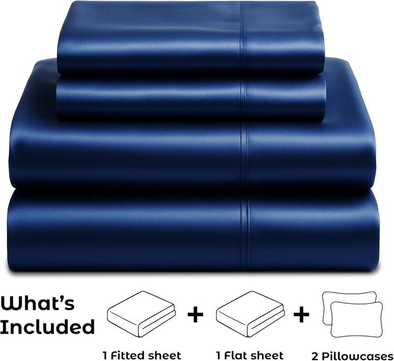 Pure Bedding Satin Sheets Full [4-Piece, Navy] Hotel Luxury Silky Bed Sheets - Extra Soft 1800 Microfiber Sheet Set, Wrinkle, Fade, Stain Resistant - Deep Pocket Fitted Sheet, Flat Sheet, Pillow Cases - Image 4