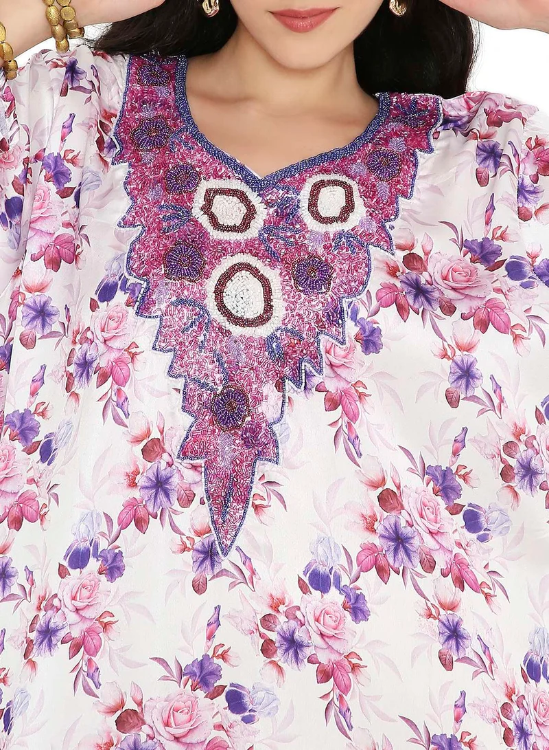 HANA & SARA CREATIVE HAND BEADED LONG MODEST FLORAL PRINTED ARABIC FARASHA KAFTAN JALABIYA DRESSES