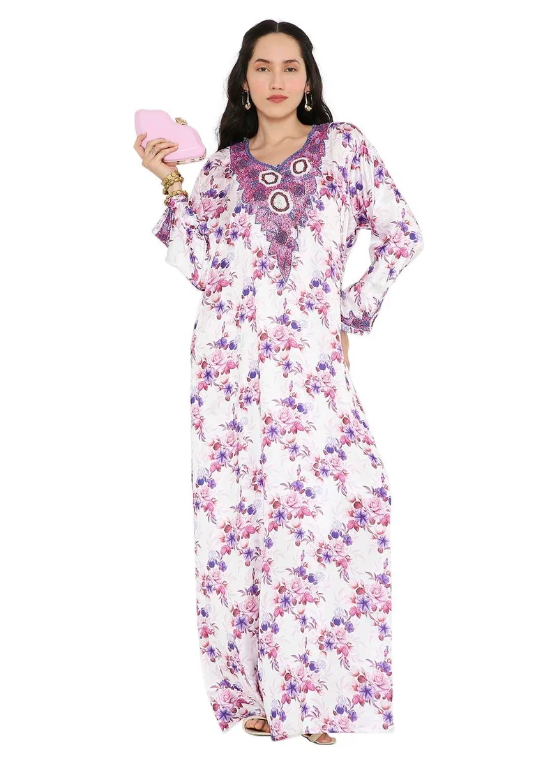 HANA & SARA CREATIVE HAND BEADED LONG MODEST FLORAL PRINTED ARABIC FARASHA KAFTAN JALABIYA DRESSES