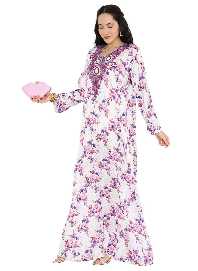 HANA & SARA CREATIVE HAND BEADED LONG MODEST FLORAL PRINTED ARABIC FARASHA KAFTAN JALABIYA DRESSES