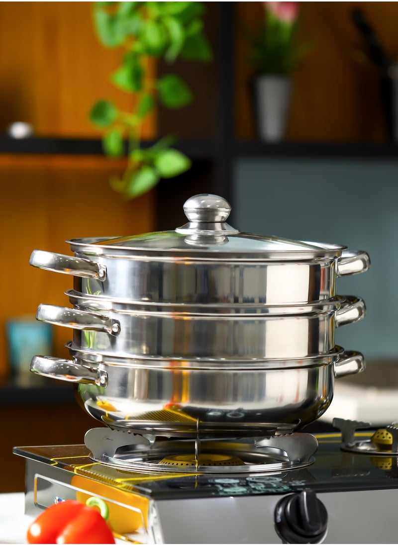DELCASA - Delcasa 3 Layer Stainless Steel Steamer- DC2958/ 28 cm, 4.0 liter Capacity, 1 Pot, 2 Steamers, 1 Tempered Glass Lid - Image 1