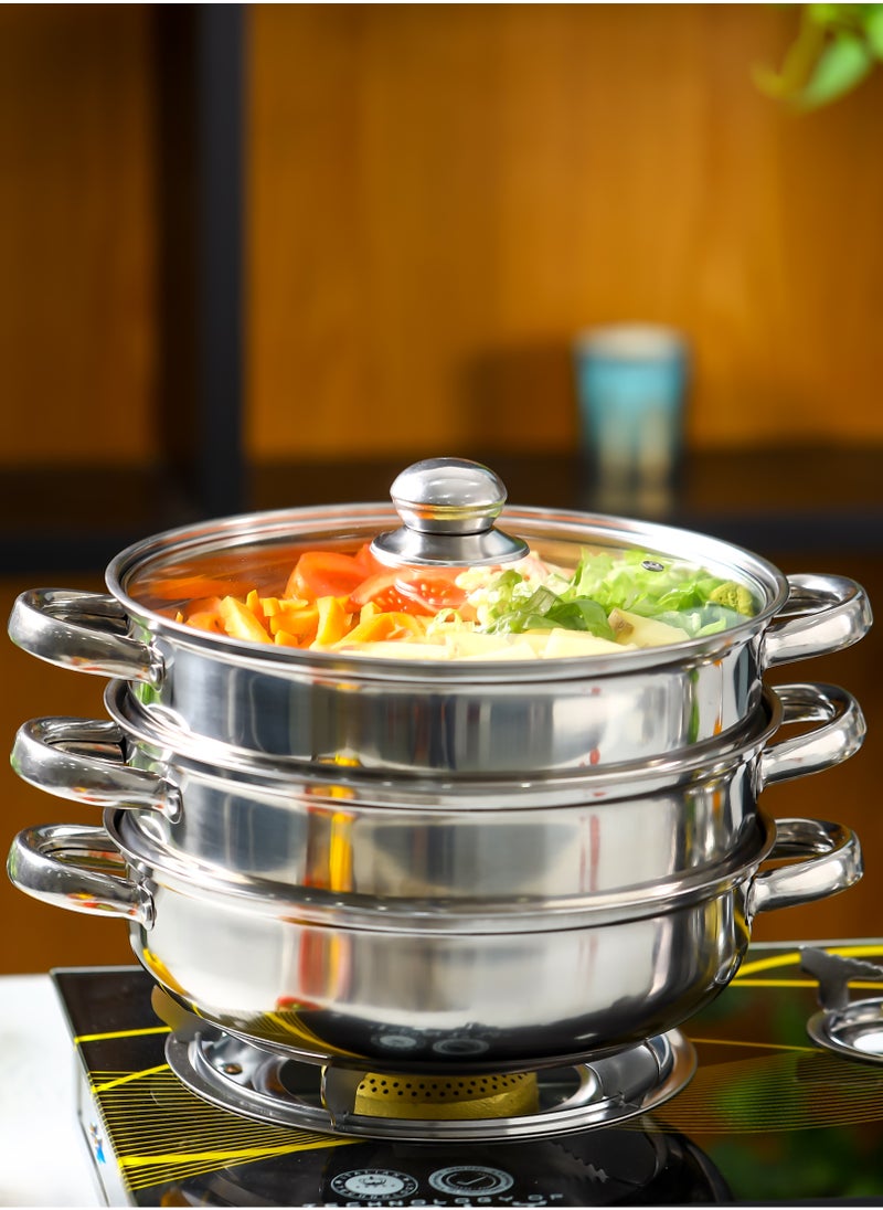 DELCASA - Delcasa 3 Layer Stainless Steel Steamer- DC2958/ 28 cm, 4.0 liter Capacity, 1 Pot, 2 Steamers, 1 Tempered Glass Lid - Image 1