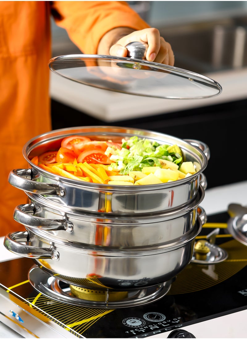 DELCASA - Delcasa 3 Layer Stainless Steel Steamer- DC2958/ 28 cm, 4.0 liter Capacity, 1 Pot, 2 Steamers, 1 Tempered Glass Lid - Image 1
