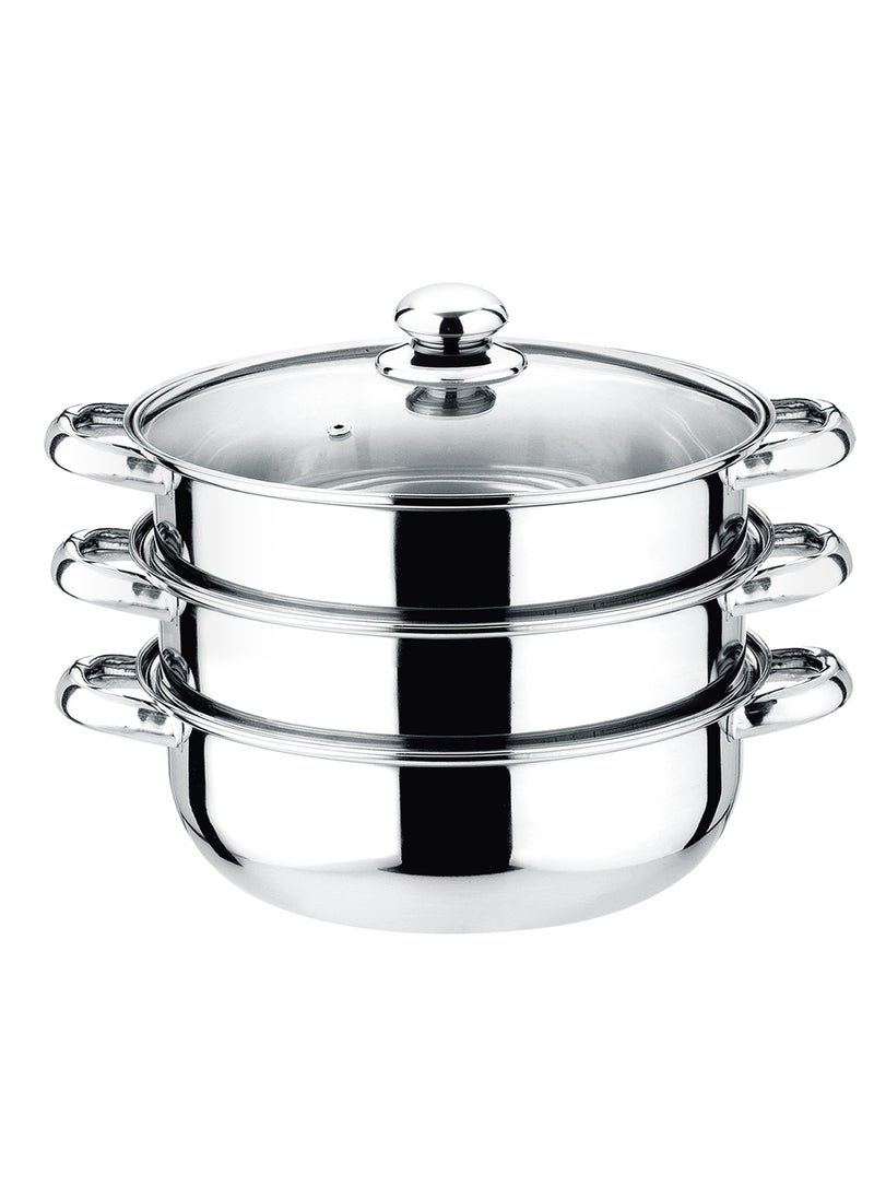 DELCASA - Delcasa 3 Layer Stainless Steel Steamer- DC2958/ 28 cm, 4.0 liter Capacity, 1 Pot, 2 Steamers, 1 Tempered Glass Lid - Image 1