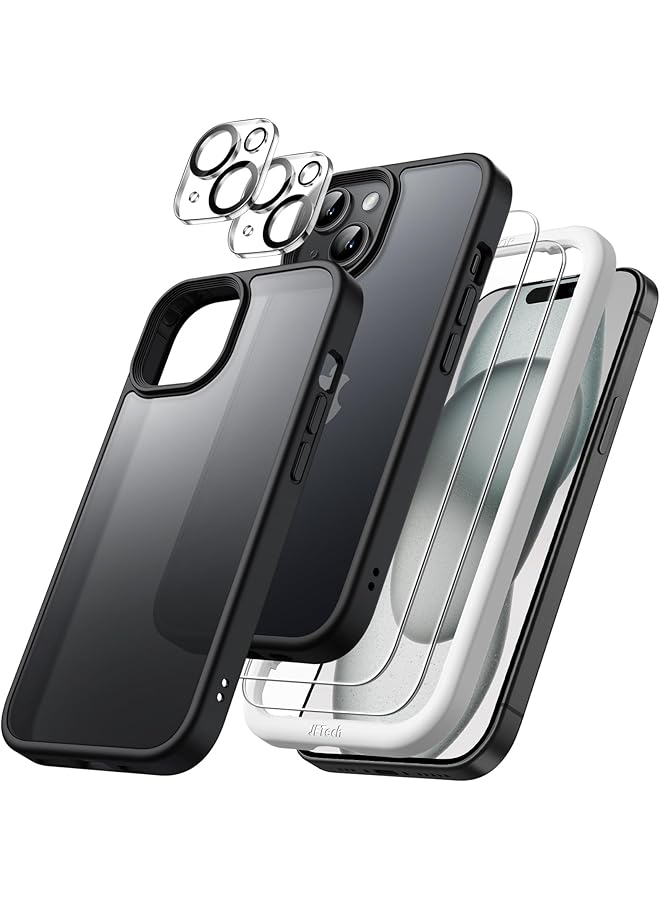 Jetech 5 In 1 Matte Case For Iphone 15 6.1 Inch With 2 Pack Each Tempered Glass Screen Protector And Camera Lens Protector Translucent Back Shockproof Phone Cover Black - Image 1