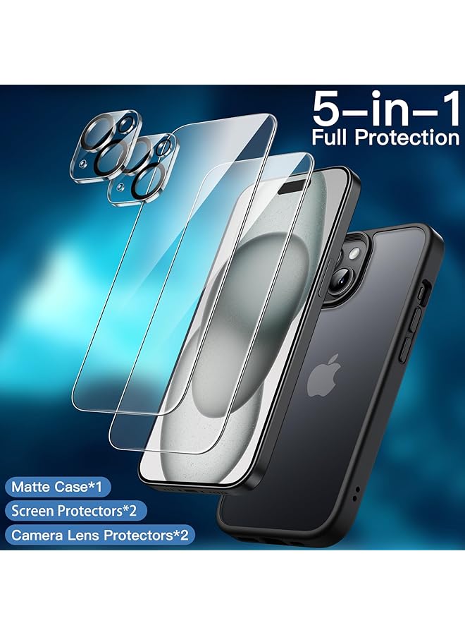 Jetech 5 In 1 Matte Case For Iphone 15 6.1 Inch With 2 Pack Each Tempered Glass Screen Protector And Camera Lens Protector Translucent Back Shockproof Phone Cover Black - Image 3