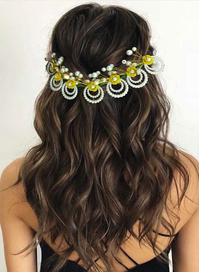 Hair Flare Artificial Flowers with Pearls Peacock Feather shape Hair Vein/Bridal Juda Pin/Hair Accessories For Women and Girls- 2419, Golden - Image 2
