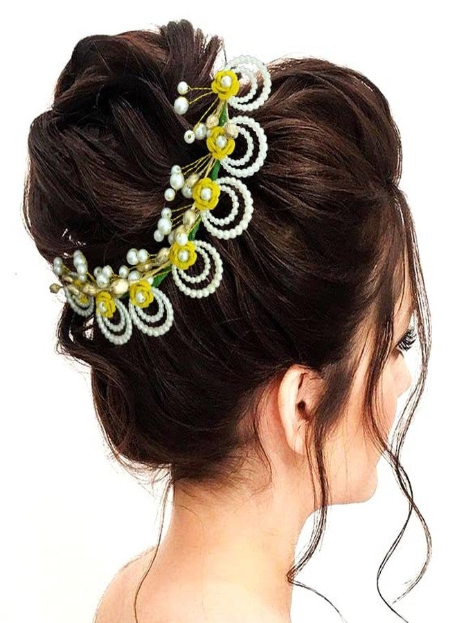 Hair Flare Artificial Flowers with Pearls Peacock Feather shape Hair Vein/Bridal Juda Pin/Hair Accessories For Women and Girls- 2419, Golden - Image 1