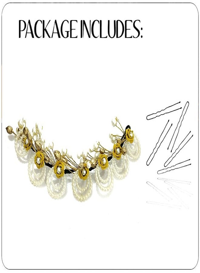 Hair Flare Artificial Flowers with Pearls Peacock Feather shape Hair Vein/Bridal Juda Pin/Hair Accessories For Women and Girls- 2419, Golden - Image 5
