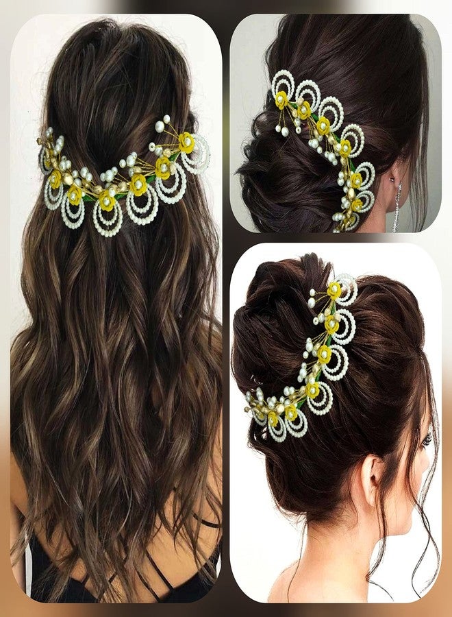 Hair Flare Artificial Flowers with Pearls Peacock Feather shape Hair Vein/Bridal Juda Pin/Hair Accessories For Women and Girls- 2419, Golden - Image 4